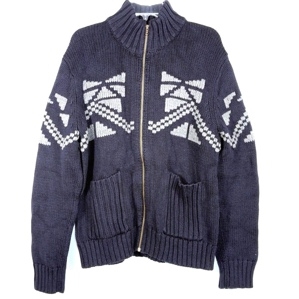 Saks Fifth Avenue Men XL Wool Cotton Full Zip Sweater Navy Geometric Fair Isle - Picture 3 of 8